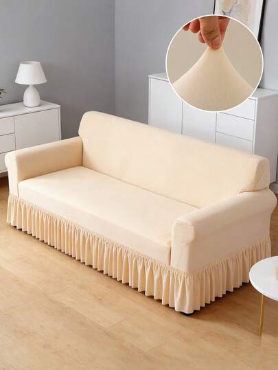 1pc Plain Color Skirt Style Sofa Cover And 1pc Matching Pillow Cover, Skirt Design, Modern Minimalist Elastic Dust-Proof Milk Silk Full Coverage Sofa Cover, Suitable For Living Room, All Season