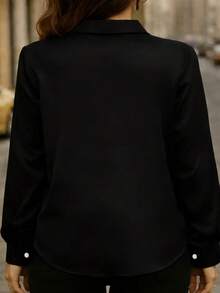 大码女士缎面翻领衬衫，优雅办公室长袖上衣，黑色，春季款 - 黑色 - 查看 2