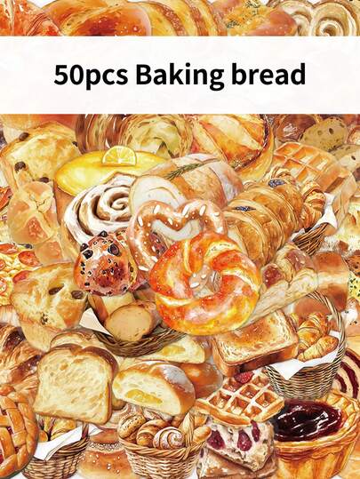 50张烘焙主题卡通创意贴纸，可用于笔记本、水瓶装饰和笔记本电脑个性化装饰