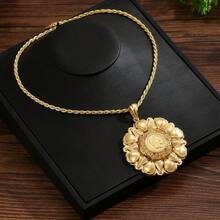 1pc Women's Gold Plated Necklace, Hollow Pattern Carved Pendant, 60cm Braided Chain, Algerian Traditional Wedding Accessory - Golden - View 14