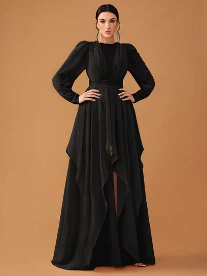 YISIKADO Vestido de cóctel elegante de mujer con mangas de farol de chifón con parches y lentejuelas, vestido de noche formal de manga larga color negro para invitados de boda, ceremonia de graduación, banquete
