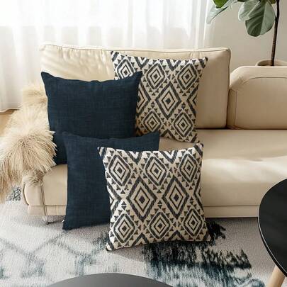 4 件现代几何图案枕套，装饰性几何线条抱枕套，复古亚麻材质，隐形拉链开合，可机洗，简约时尚线条设计，适用于家居装饰、沙发、客厅、卧室、汽车、户外靠垫套，无枕芯