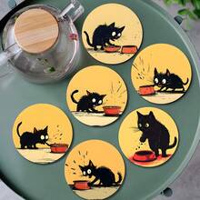 6-Piece Set Of Heat-Insulating Wooden Coasters With Cute Black Cat Design, Suitable For Home, Office, And Party Drinks, High-Quality Coasters, Perfect Holiday Gift - Wooden Board-circle Coaster - View 4