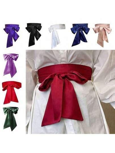 1pc Satin Ribbon Bow Tie Waist Belt, Women Dress Waist Decoration Belt, Corset, Tie Waist Belt, Waistband, Suitable For Summer, School, Autumn, All Saints'' Day