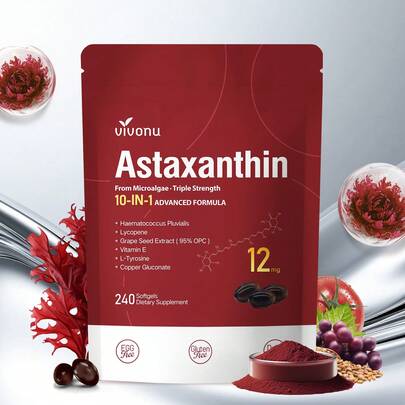  VIVONU 10 in 1 astaxanthin 12mg supplement, supplied for 4 months, Astaxantina antioxidant from fresh blood cell bacteria, containing lycopene, grape seeds, vitamin E, etc., which helps with eye, joint, and skin health