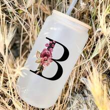 1pc Letter & Flower Pattern Tumbler Cup, 16oz With Straw & Lid, Birthday Gift For Girlfriend, Wife, Mom - Multicolor - View 6