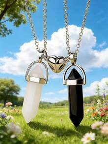 Set de 2 collares con colgante de piedra de cristal de corazón magnético con forma de yin yang de colores múltiples, regalo para parejas/mejores amigos, adecuado para uso diario de mujeres - Multicolor - Ver 2