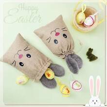 5pcs Easter Bunny Drawstring Bags, Easter Bunny Party Gift Bags With Fluffy Bunny Ears, Burlap Bags - Multicolor - View 4
