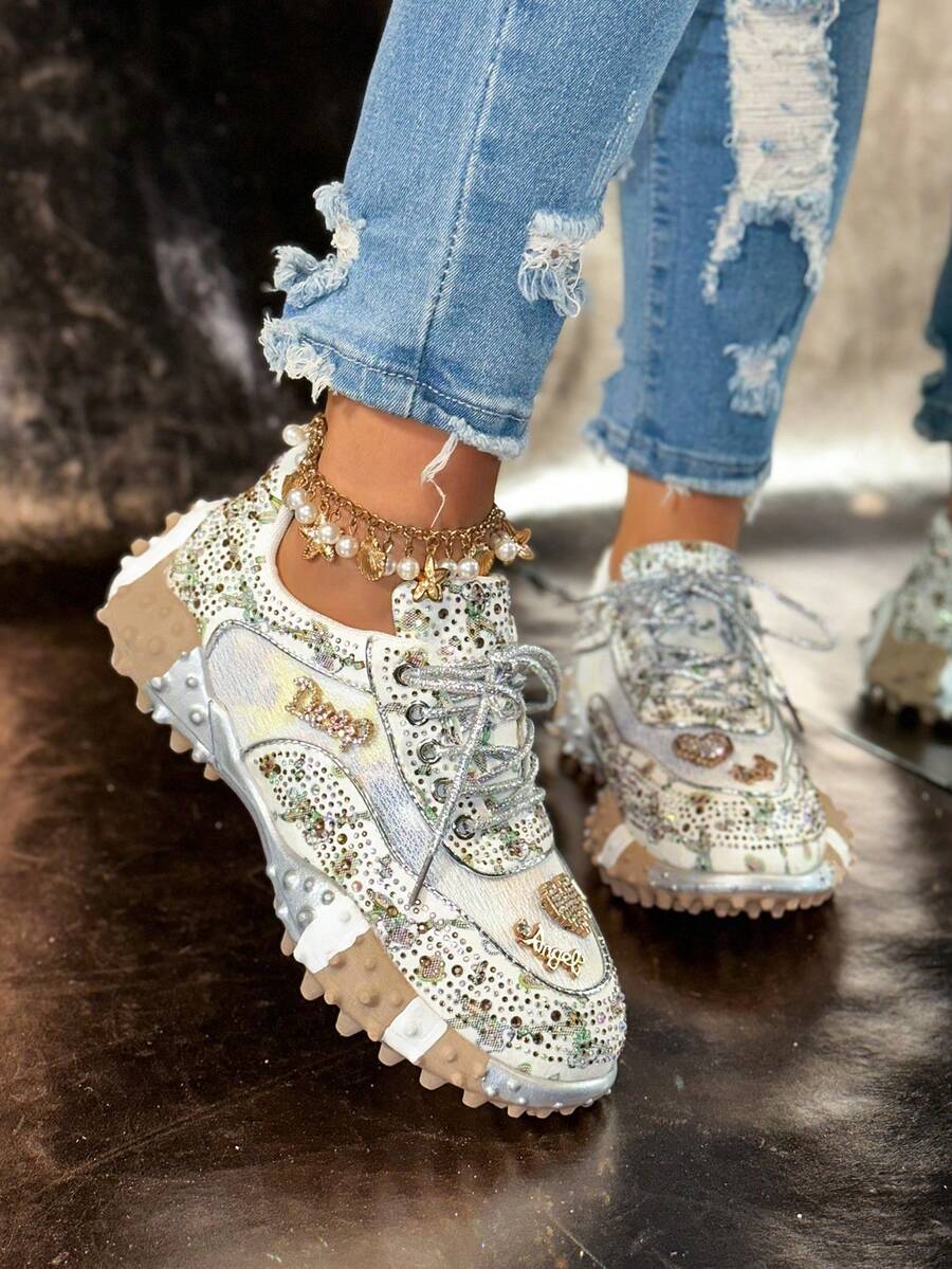 2026 Season New Rhinestone Shiny Women's Sneakers, Breathable Crystal Casual Flat Shoes, Fashionable Versatile Platform Party Shoes - Silver - View 1