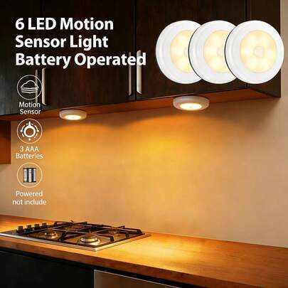 1pc/3pcs/6pcs Motion Sensor Light, Battery Powered LED Night Light, Stick Anywhere Cabinet Light, Stairway, Hallway, Bathroom, Bedroom, Kitchen Wall Lamp