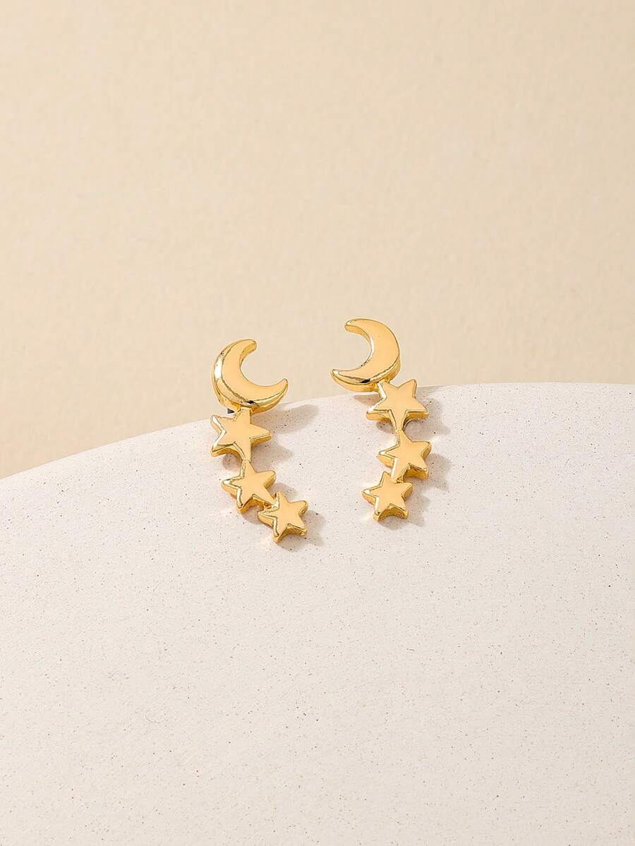 1 Pair Simple Design Metal Star & Moon Stud Earrings, Versatile For Daily Wear, Commute, Vacation, Picnic, Summer Campus - Yellow Gold - View 1