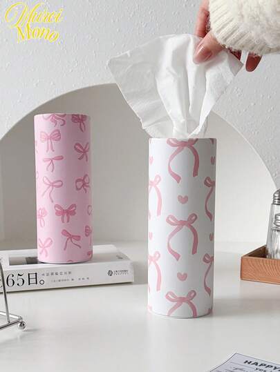 1pc Cute Pink Bow Print Facial Tissue Box Holder - Portable Round Cylinder Car & Home Napkin Dispenser.