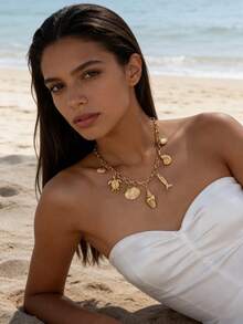 1pc Summer Beach Vacation Style Seashell/Fish/Turtle Multielemental Marine Life Charm Chain Necklace, Suitable For Holiday/Party Wear - Gold - View 7