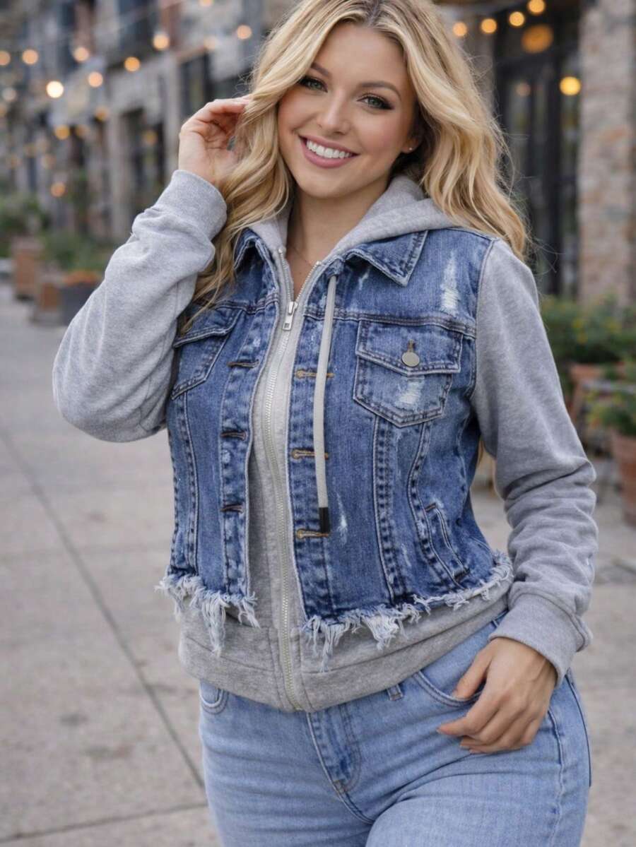 Chamarrita corta a la cintura  de Mezclilla Stretch con Mangas y Gorro de Felpa Suave - Diseño Casual Versátil MOD BUBA - Lavado ligero - Ver 1