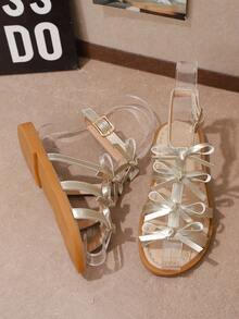 1双儿童平底凉鞋，圆头，搭扣，香槟色条纹蝴蝶结装饰，缝线设计，新款夏季女童凉鞋，适合海滩、日常穿着和户外活动 - 香檳色 - 查看 6