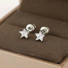 1 Pair Star Shape Zirconia Stud Earrings, Gold-Tone Sparkling Cute Daily Jewelry - Star Earrings - View 7