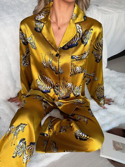 2pcs Zebra Pattern Versatile Minimalist Commuting Lapel Long Sleeve Top And Pants Women Pajama Set