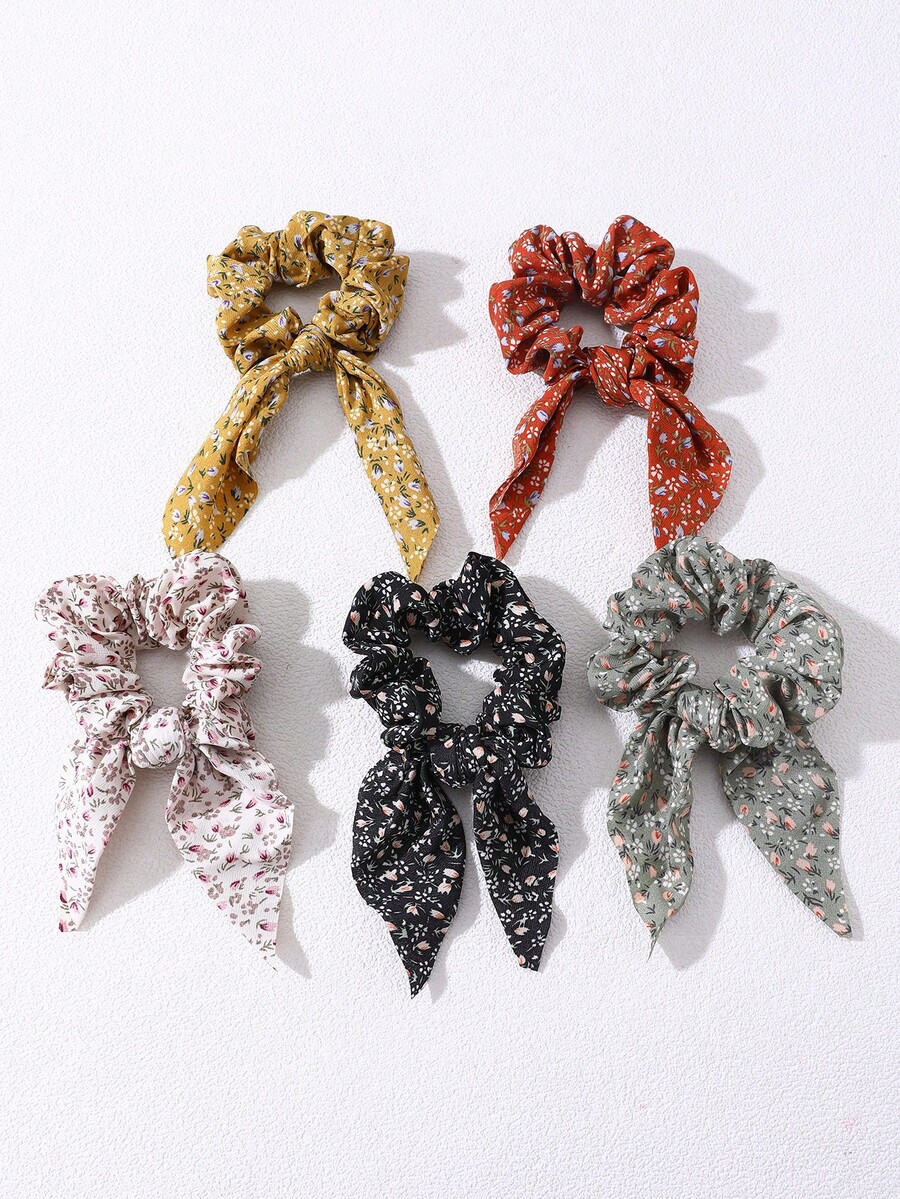 5pcs Women's Minimalist Ditsy Floral Rabbit Ear Hair Scrunchies, Suitable For Daily, Festival, Party, Casual Occasions Hair Ties Ponytail Holder Scrunchy Hair Ties Beauty Home Hair Accessories Hair Elastics,Travel,Birthday - Multicolor - View 1