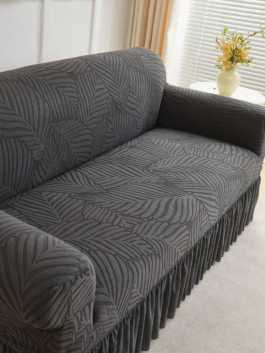 1pc Dark Grey Jacquard Leaf Pattern Stretch Sofa Cover, Dust-Proof And Dirt-Resistant, Elastic One-Piece Full Coverage Sofa Protector, Home Decor, Machine Washable, Pillow Cover Not Included - Dark Grey - View 1
