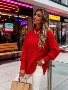 Women's Oversized Mock Neck Sweater Multi-Color Textured Knit, Warm Stylish Pullover For Fall Winter - Đỏ - Xem 3