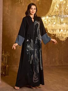 SUPGIR 女士【随机印花】立领长袖手工串珠缎面正式连衣裙 - 黑色 - 查看 6