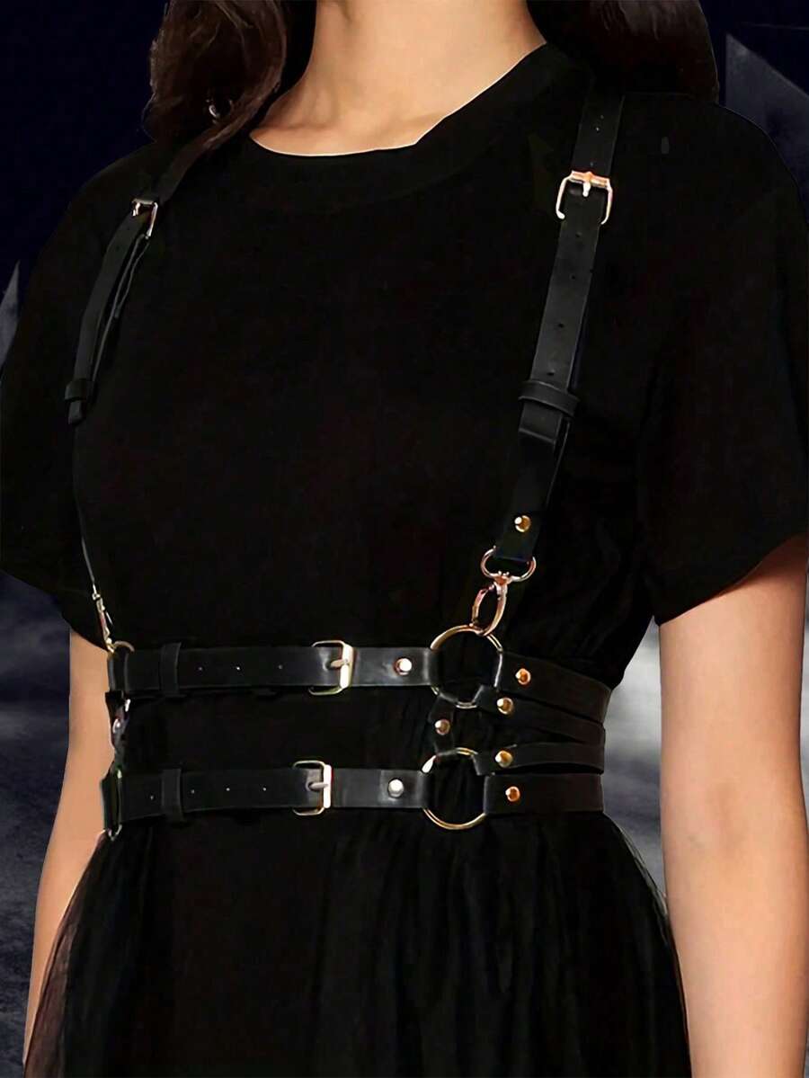 1件女士复古暗黑风格金色搭扣性感PU皮革吊带，适合狂欢节派对、活动或日常穿着 - 黑色 - 查看 1