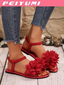 PEIYUMI Women's Sandals, Summer Beach Floral Decor Sandals, Stretchy Elastic, Easy To Carry - Red - View 3