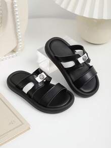 1 Pair Kids Open Toe Anti-Slip Beach Sandals, Children Casual White Bottom Classic Soft Bottom Leisure Slippers, Versatile Toddler Walking Sandals - Black - View 1