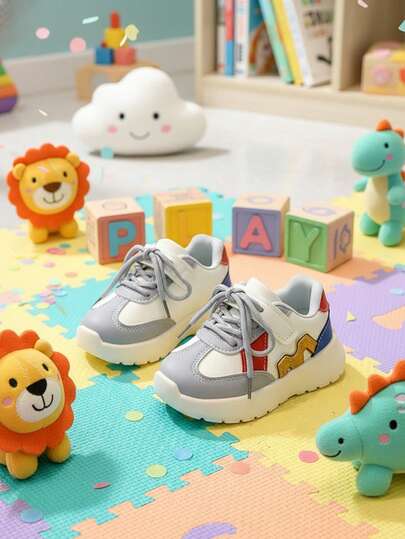 1 Pair Toddler/Little Kid's Fashion Color Block Leather Upper Elastic Lace-Up Comfortable Children's Sneakers, Cute Multi-Color Splicing Anti-Slip Durable Thick Sole Elevated Casual Kids Shoes, Suitable For Boys And Girls, 3-13 Years Old, Casual, School, Outdoor, Running, Walking, Hiking, Spring/Summer 2026