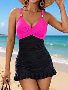 Women Swim Dress, Sleeveless V-Neck Pleated Summer Beach Dress With Briefs Swimwear - Màu Hồng Tươi - Xem 1