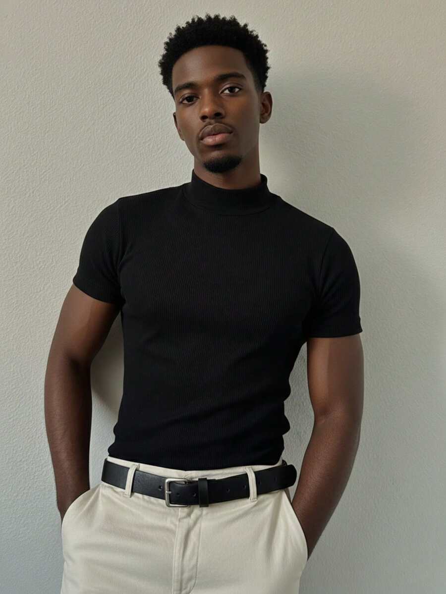 Men's Ribbed Cotton T-Shirt, High Neck, Casual, Sporty, Slim - Black - View 1