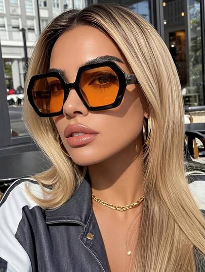 Retro Geometric Frame Large Frame Fashion Glasses For Big Face, Fashion Plastic Casual Decorative Everyday Wear Fashion Glasses For Women