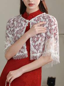 1pc Lace Hollow-Out Tassel Bridal Shawl, New Chinese Style Lightweight Bolero For Spring/Summer, White - White - View 2