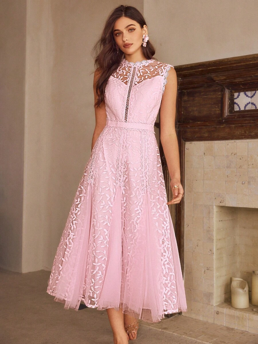 Simplee Vestido de mujer de primavera/verano con cuello redondo sin mangas, con inserto de tul en el bajo, con detalles elegantes de encaje, adecuado para fiestas y bodas, color rosa - Rosa - Ver 1