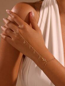 1pc Bohemian Style Sparkling Crystal Tassel Bracelet, Versatile Hand Chain Finger Ring Combo - Gold - View 6