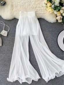 Plus Size Women's Spring/Summer Casual Wide Leg Solid Color Elastic Waist Mesh Long Pants, Versatile For Spring/Summer Wear With Various Tops White - White - View 2