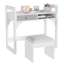 Kids Desk And Chair Set, Study Desk For Boys And Girl, Wooden Kids Writing Table With Cloth Drawers And Pen Holder - White - View 2