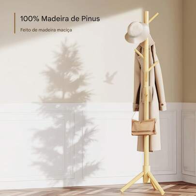 Cabideiro de madeira resistente, modelo de chão, com 8 ganchos, ideal para casa/quarto/escritório/corredor/entrada.
