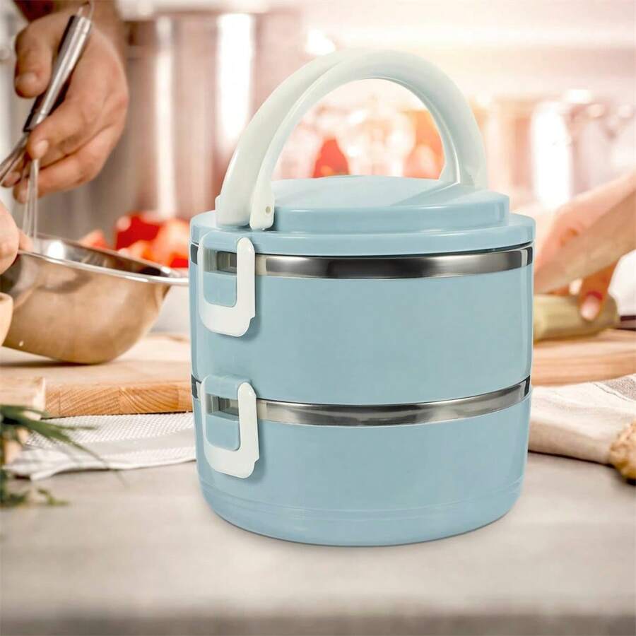 1400ML Double Layer Bento Box Stainless Steel Insulated Lunch Box With Lids And Handles Portable Stackable Metal Round Food Containers For School Work Travel - Baby Blue - View 1