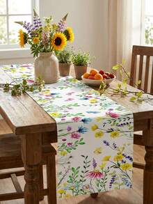 1pc-Spring Wildflower Table Runner: Watercolor Floral & Butterfly Print Design – Durable Polyester Fabric Ideal For Dining Table/Coffee Table/Outdoor Picnic Decor, Easter Holiday Gathering Accent & Spring Seasonal Home Decoration - Multicolor - View 4