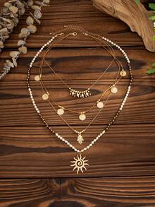 2pcs/Set Bohemian CCB Beaded Sunflower Pendant Necklace Chain, Elegant Fashion For Party, Street Style, Couple Date, Women's Holiday Versatile Jewelry Necklace - Necklace - View 5