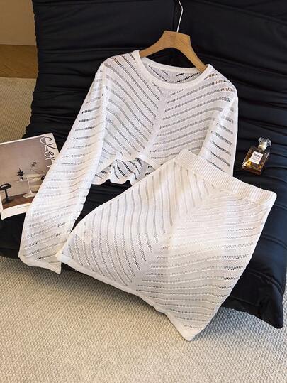 Women's Elegant Short Sleeve Hollow Out Pullover Top And Bodycon Mini Skirt 2-Piece Knit Suit, Fashionable Casual Beach Vacation Outfit