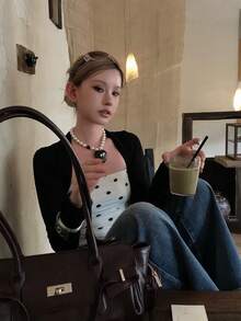 Sexy Polka Dot Print 2 In 1 Long Sleeve Cropped Camisole Knit Top For Women - Black - View 6