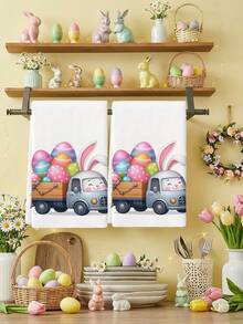 2条装汽车载复活节彩蛋图案厨房毛巾，复活节兔子图案餐巾，可用作厨房擦手巾、茶巾等。 - 白色 - 查看 6