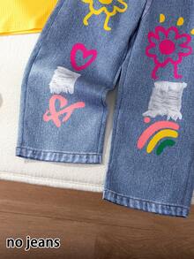 BASUSARRI 3D Print Effect Girls 2-Piece Set, Sleeveless Top With Ruffle Sleeve & Fashion Pants, Stylish Casual Outfit For Girls - Yellow - View 8