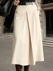 女士时尚黑色A字中长裙 - 高腰，喇叭形设计，涤纶面料，适合通勤或休闲穿着，四季皆宜（无需腰带） - 杏色 - 查看 3