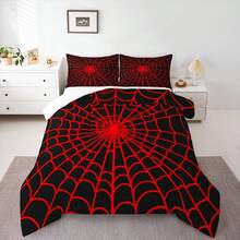 Castle Fairy 3pcs Happy Halloween  Comforter Set Queen/King Size Spider Web Animals Insect Rustic Bedding Set Suitable For Women Men Room Decor Spider Web Farmhouse  Comforter Red Black Bedding Set 2 Pillowcases - 紅色黑色 - 查看 5