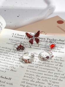 5pcs Gothic Style Red Drip Axis Butterfly Rhinestone Rings Set, Faux Ruby Small Flower Maple Leaf Multi-Element Rings For Women - Silver - View 4