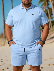 2 Stücke/Set Herren Große Größen modische lässige Ritter Grafik Poloshirt und Shorts Set, geeignet für Urlaub, Outdoor, Streetwear, Alltag - Verschiedenfarbig - Übersicht 1