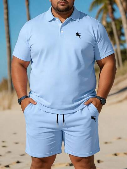 2pcs/Set Plus Size Men's Fashionable Casual Knight Graphic Short Sleeve Polo Shirt And Shorts Set, Suitable For Vacation, Outdoor, Streetwear, Daily Wear